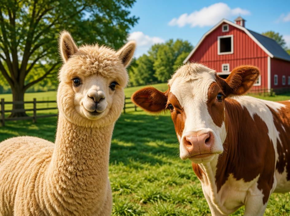 Alpaca and cow at the farm