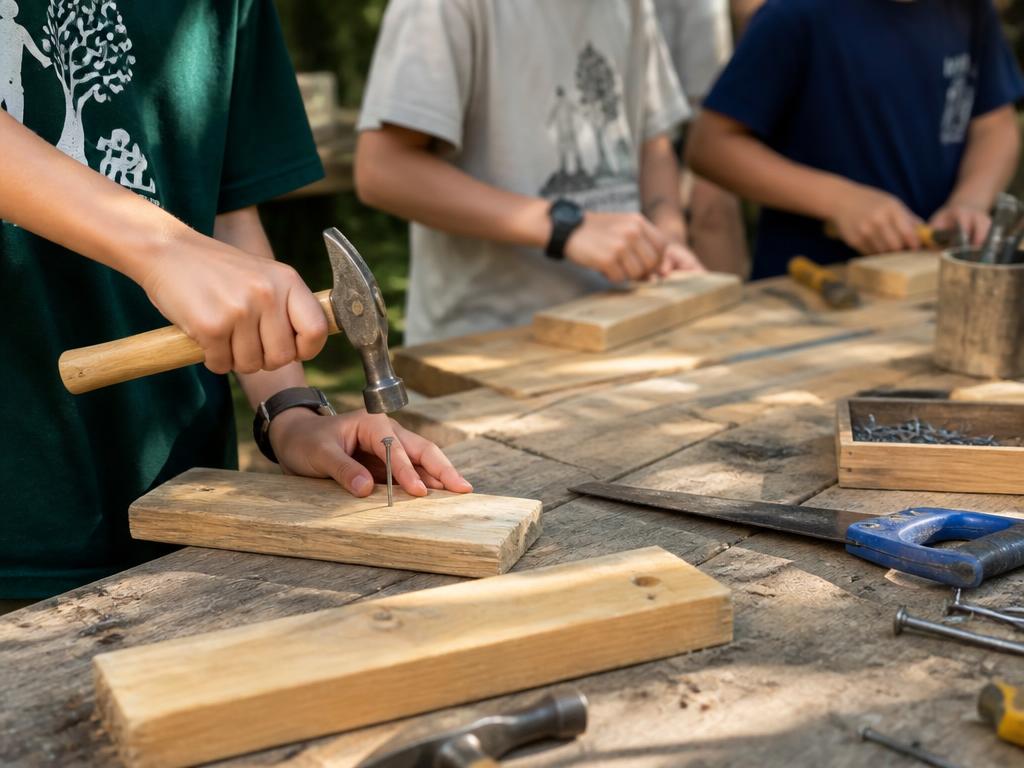 Tweens learning woodwork outdoors