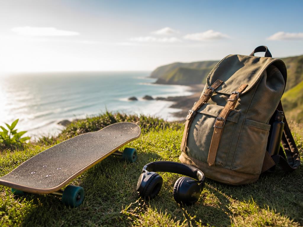 Teen adventure gear with skateboard and headphones